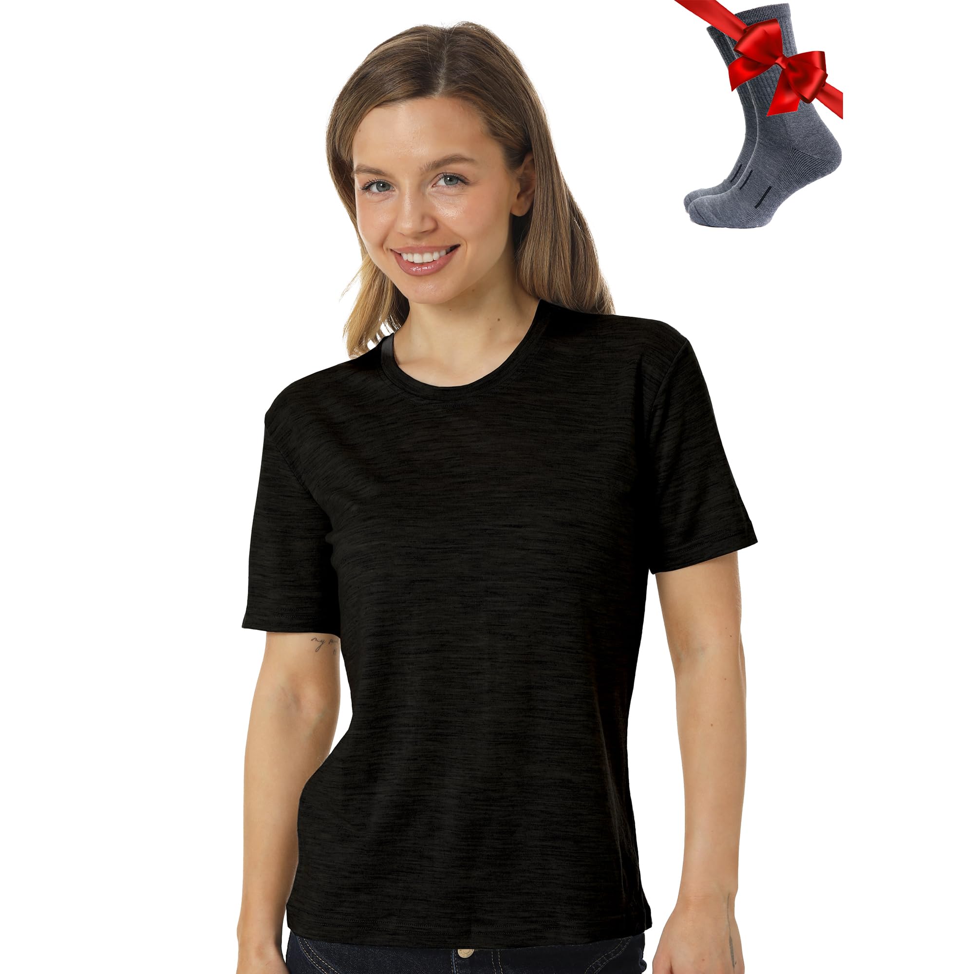 Camisa Deportiva Merino para Mujer + Calcetines de Senderismo (X-Large, Cuello Redondo Negro Jaspeado)