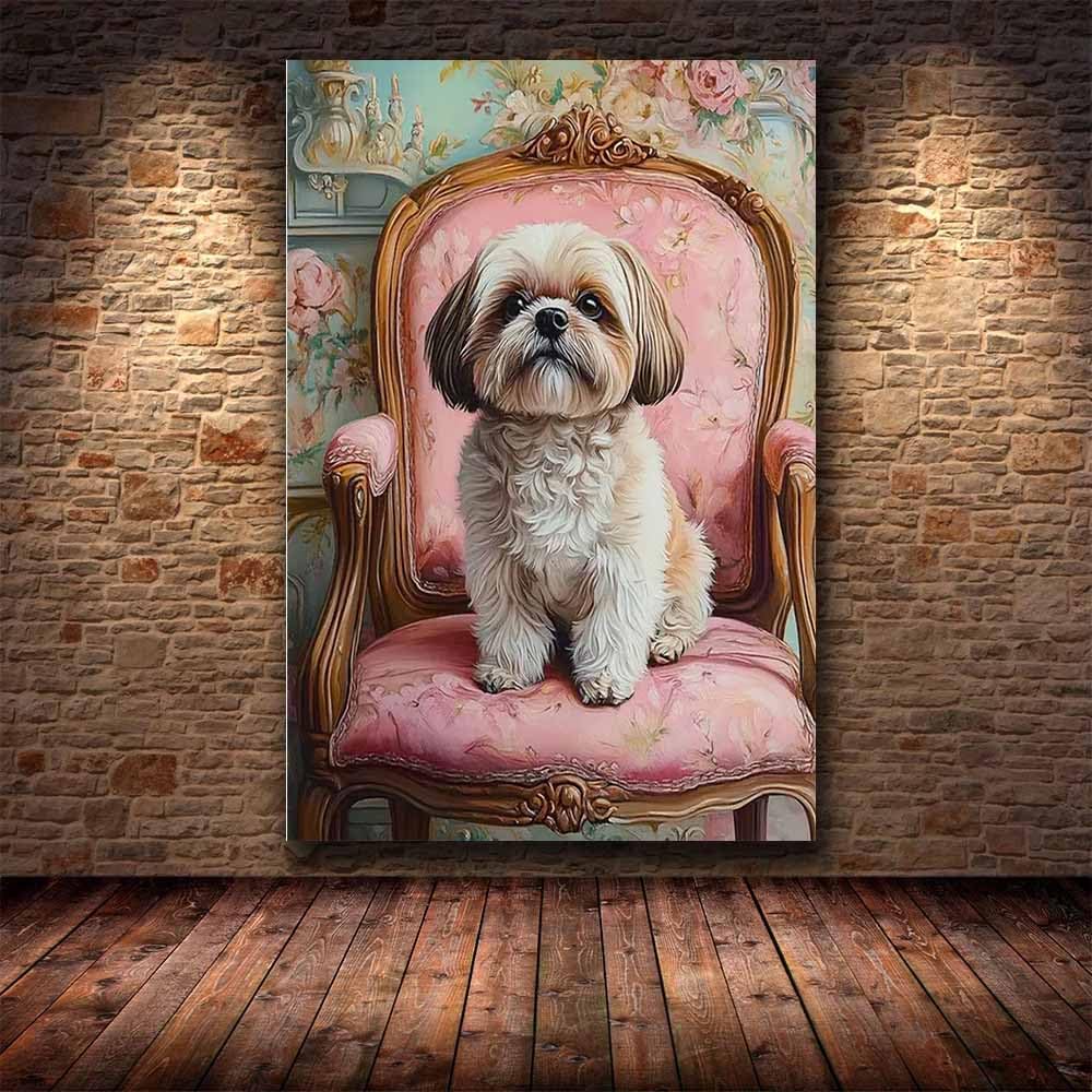 QUSAAOU Shih Tzu wydruki ścienne na krześle vintage różowe malowidła, plakaty wydruki nowoczesne odpowiednie do sypialni salonów kuchni, mebli, biura wystrój domu (biały) - 70 x 100 cm 1 oprawione