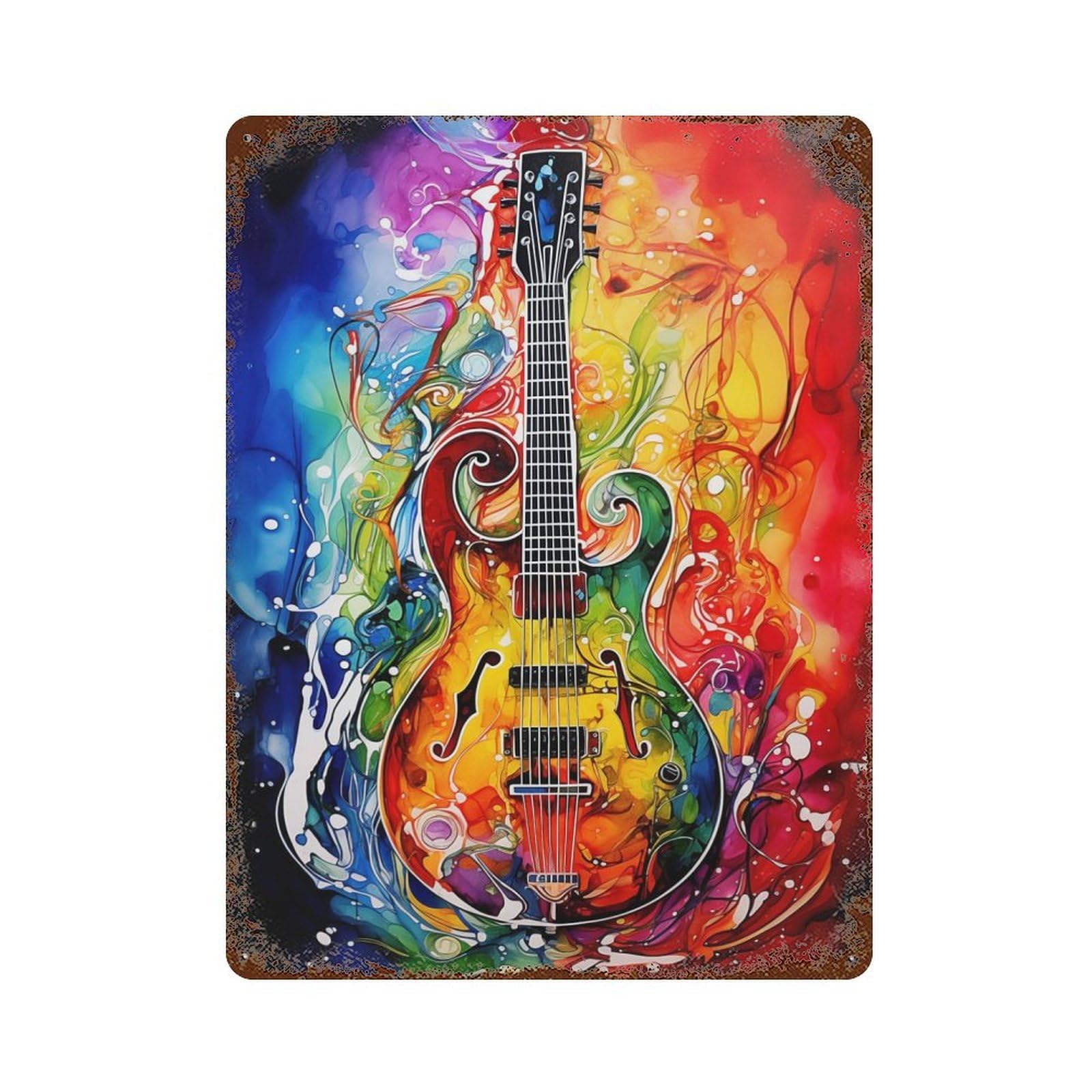 Alcohol Ink Guitar Rusty Metal Tin Sign 15.7"x11.8", for Living Room, Hallway And Home Decor, Old School Wall Decor