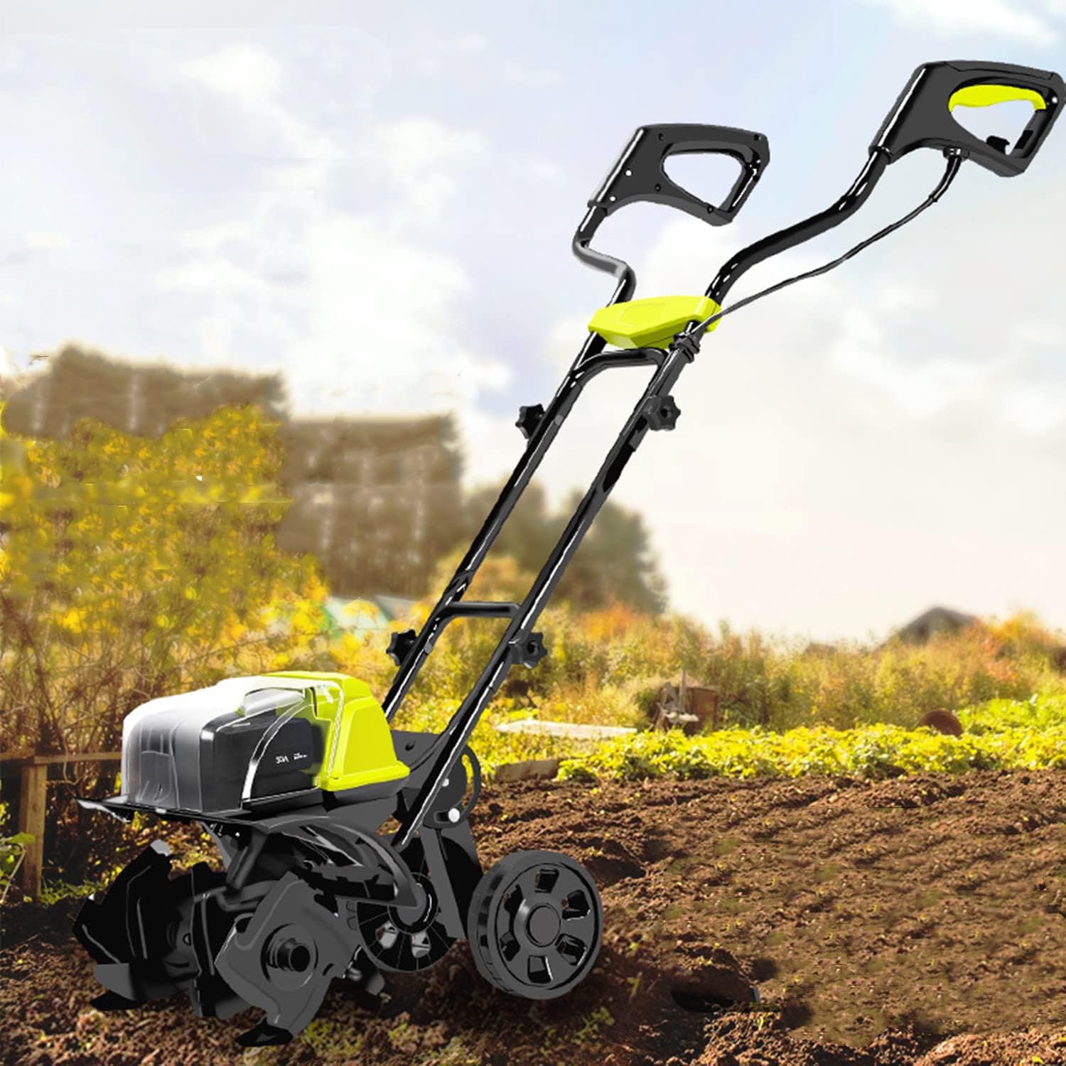 Electric Tiller Cultivator w/4 Steel Tines, Rechargeable Cordless Cultivator, Wireless Soil Cultivator Rotator for Lawn & Garden Tiller, Digging & Soil Cultivation