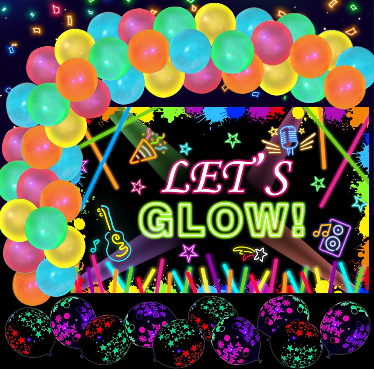 51 Pcs Neon Birthday Party Decorations - Glow in The Dark Party Supplies with Neon Balloons Garland Arch Kit & Let’s Glow Banner Backdrop Black Light