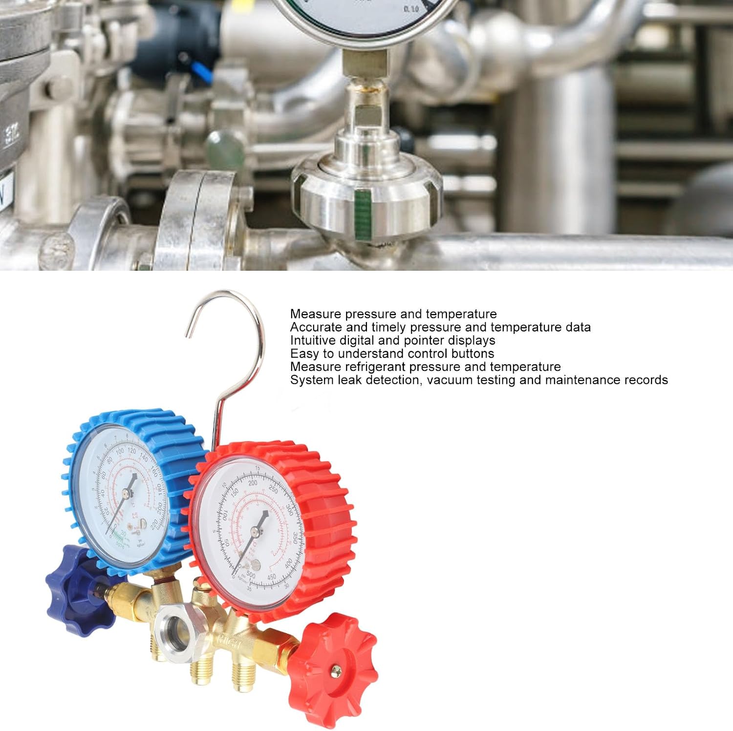 AC Manifold Set R134A HVAC AC Refrigeration Kit Brass R12 R22 R502 for Air Conditioning Systems Pumping Backpressure Operation Three Tubes
