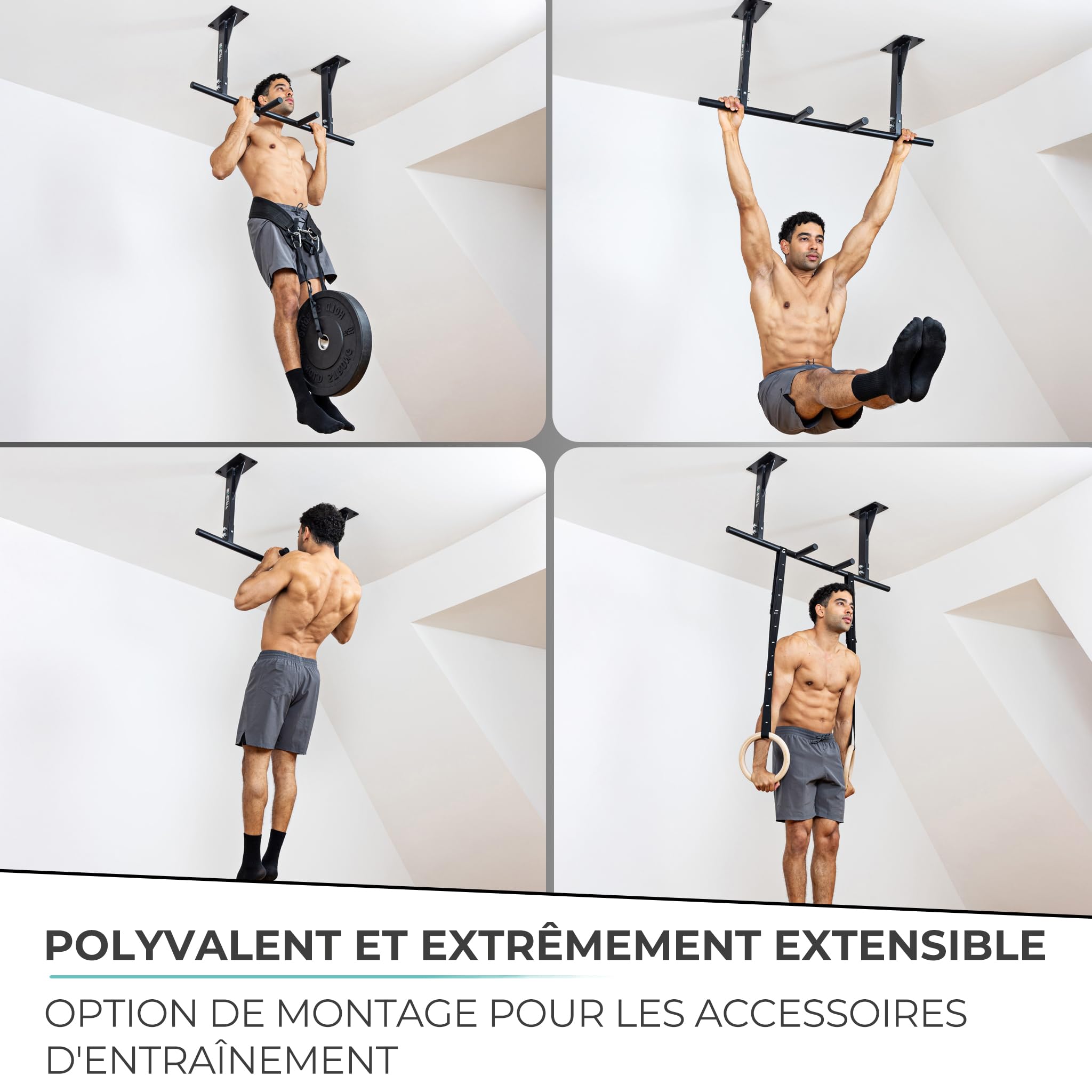 PULLUP & DIP Barre de Tractions pour Montage au Plafond - Résistant Jusqu'à 180 kg - Antidérapant 5 Positions de Préhension pour l'Exercice - Idéale pour Musculation Maison, Gym et Appareil Fitness