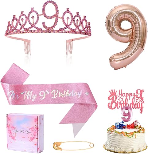 Decoración de 9 cumpleaños para niña, banda, corona de diamantes de imitación, decoración de pastel, globo de aluminio, suministros de fiesta (rosa)