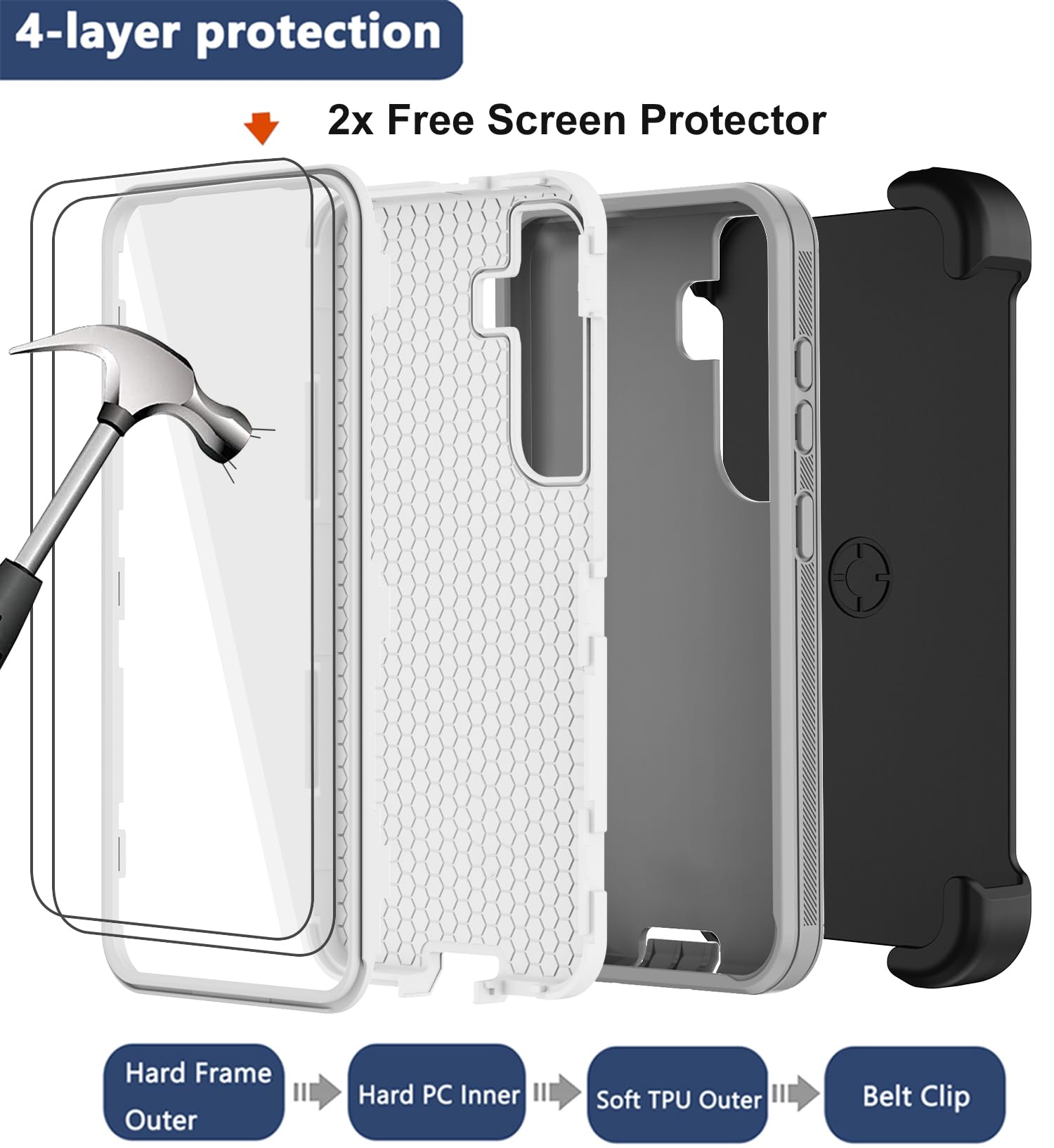 Custodia per Samsung Galaxy S25 con clip da cintura, 2 pellicole protettive per lo schermo, resistenti di grado militare, antiurto, antipolvere, robusta custodia protettiva per Samsung S25 5G