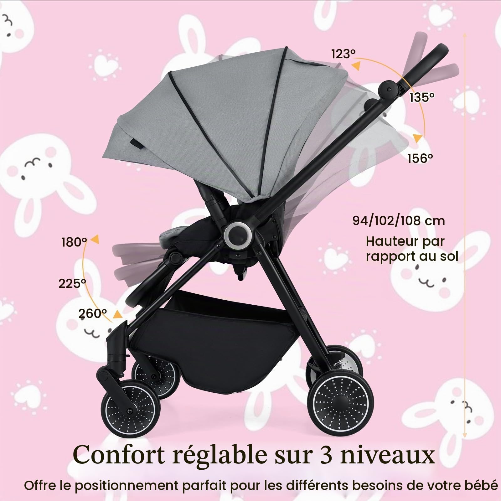 LIFEZEAL Poussette Canne Pliable Bébé 0-36 mois, Dossier Réglable, Poussette Compacte Légère, Siège Réversible, Harnais de Sécurité, Roues Universelles, Frein, Charge 30kg (Gris)