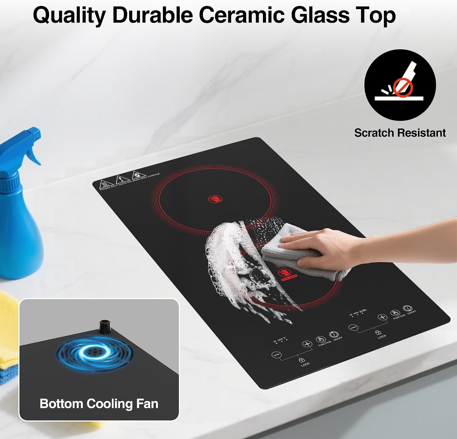 WABK Electric Cooktop 2 Burners, 12'' Electric Stove Top with Plug in, Sensor Control Countertop & Built-in Ceramic Cooktop, Keep-Warm, 9 Heating Level, Timer, Child Lock, Compatible with All Cookware