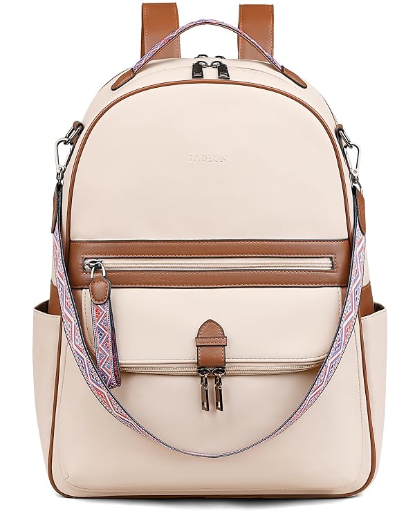 FADEON 15.6 inch Leather Laptop Backpack Purse for Women, Designer Travel PU Backpack with Laptop Compartment for Work Beige by FADEON - Image 9