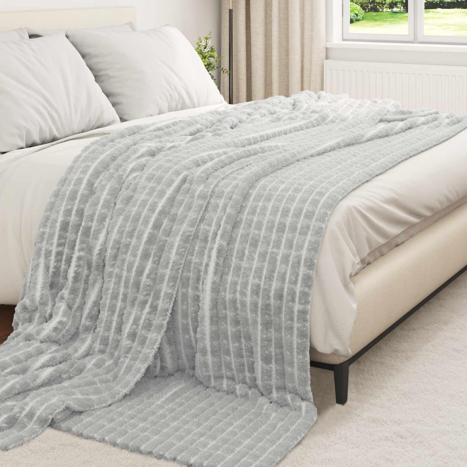 Manta gris 240 x 220 cm, de forro polar, manta a cuadros para sofá, dormitorio, salón, ligera, cálida, suave, transpirable, para camping, viajes, otoño y primavera