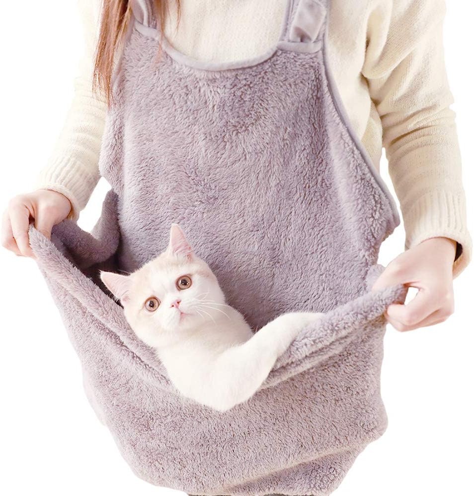 Cat Sleeping Bag Holding Apron Pet Carrier Kangaroo Bag for Kitty Kitten Fleece Puppies Small Pets Holder Pouch (One Size, Grey)