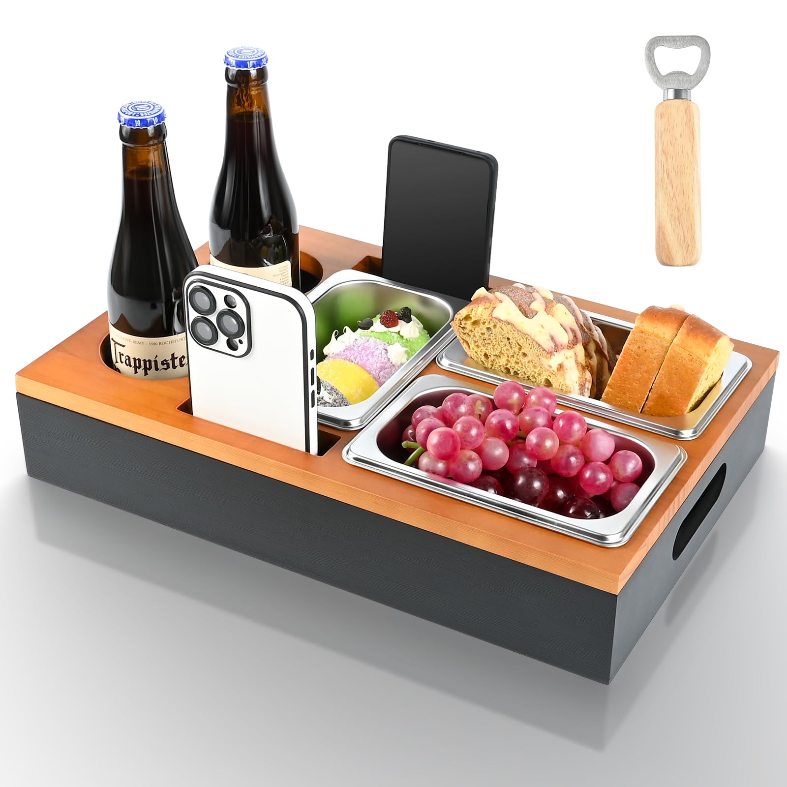 Vassoio da Divano, Euakee Porta Snack da Divano in Legno con Due Ciotole Snack Inossidabile e Portabicchieri, Vassoio da Portata Adatto per Divano del Soggiorno Picnic del Ristorante
