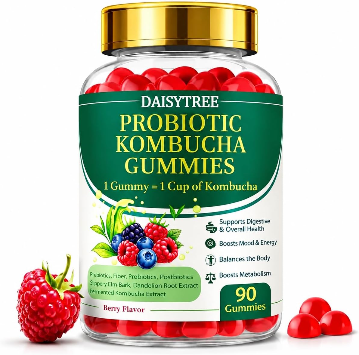 Probiotic Kombucha Gummies - Prebiotics, Probiotics, Postbiotics, Fiber Supplement, Slippery Elm, Dandelion Root, for Bloating, Gut Health - Probiotics for Women and Men
