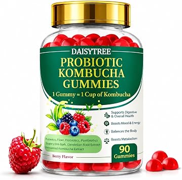Probiotic Kombucha Gummies - Prebiotics, Probiotics, Postbiotics, Fiber Supplement, Slippery Elm, Dandelion Root, for Bloating, Gut Health - Probiotics for Women and Men