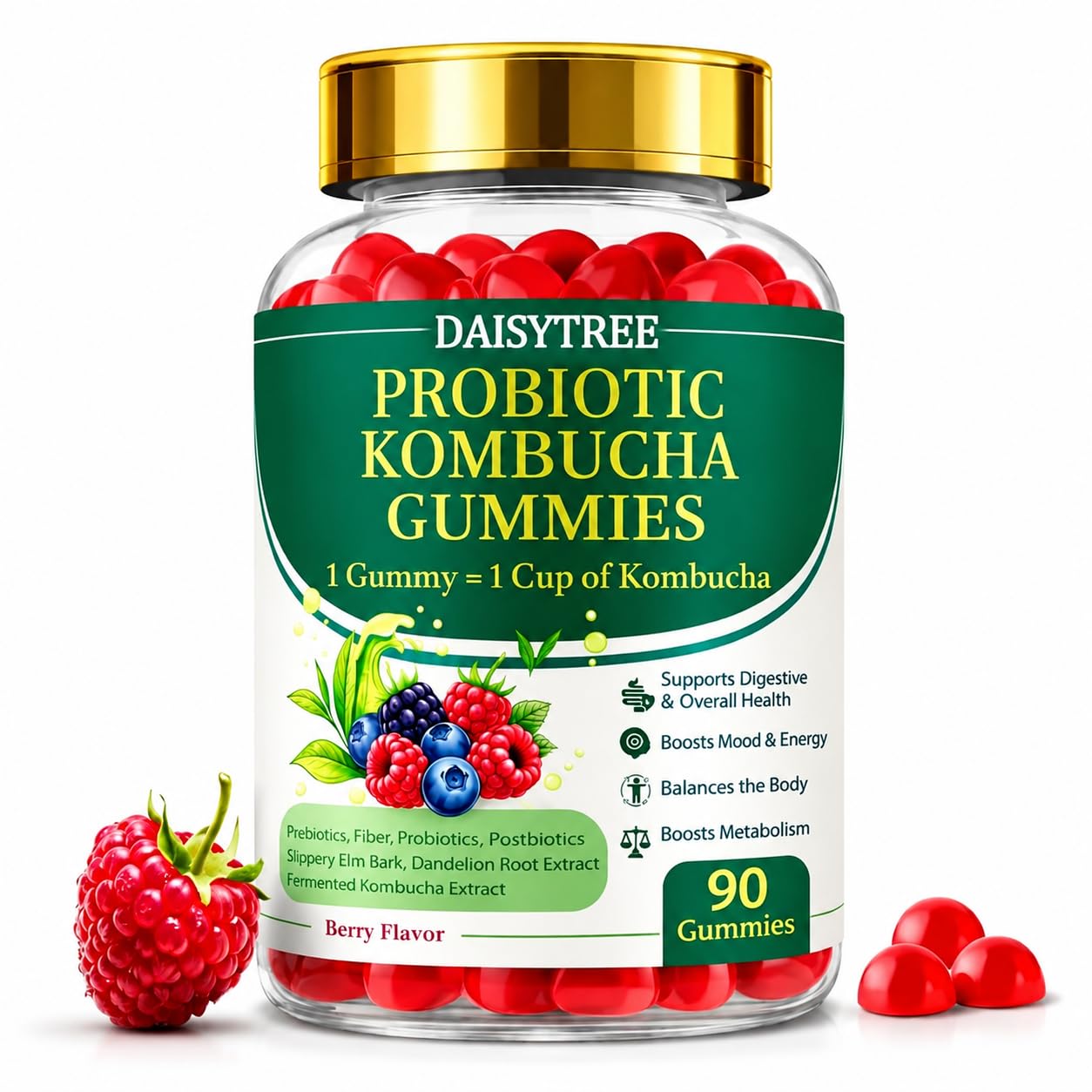 Probiotic Kombucha Gummies - Prebiotics, Probiotics, Postbiotics, Fiber Supplement, Slippery Elm, Dandelion Root, for Bloating, Gut Health - Probiotics for Women and Men 1pc