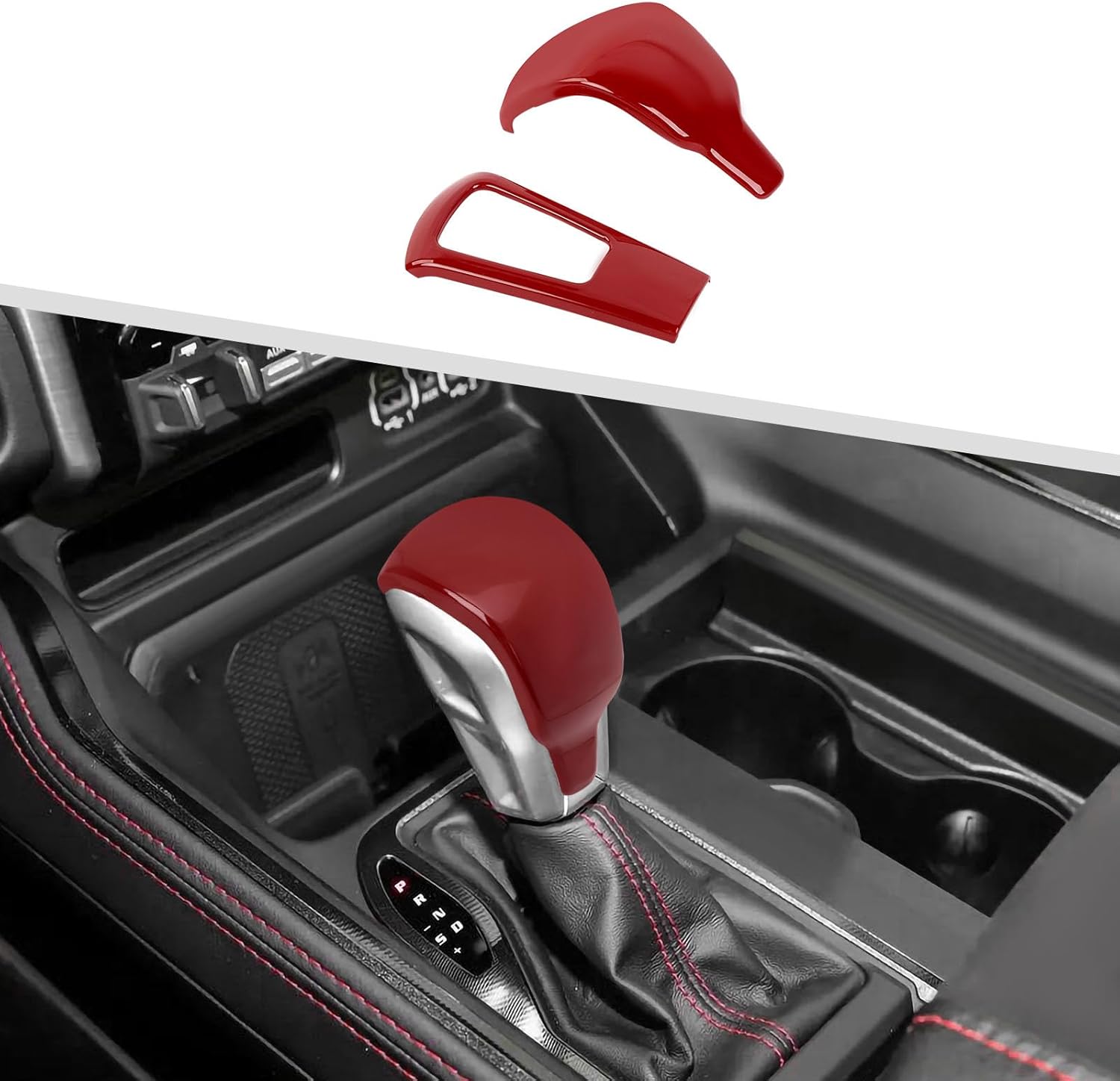 Jimen Fit for Dodge Ram 1500 TRX 2021-2024, 2PCS Gear Shift Knob Cover Trim (Red)