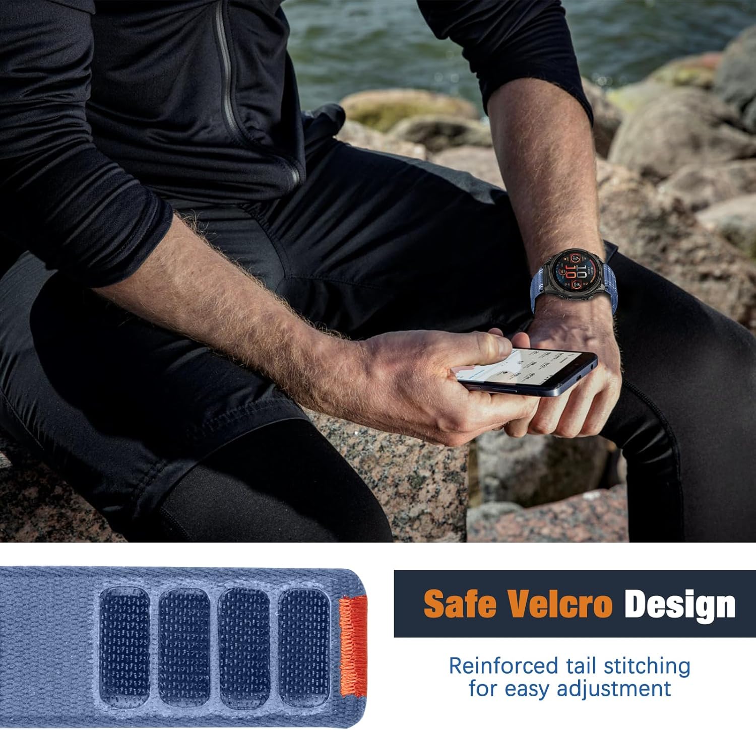 Nylon Watch Band for Garmin Quatix 8 47mm/Tactix 8 47mm/Descent G2/Fenix 8 Pro/Fenix 8 /Fenix E/Fenix 7/7 Pro, Forerunner 970/965, Wristband Replacement Strap for Garmin QuickFit 22 mm, Blue - Image 3