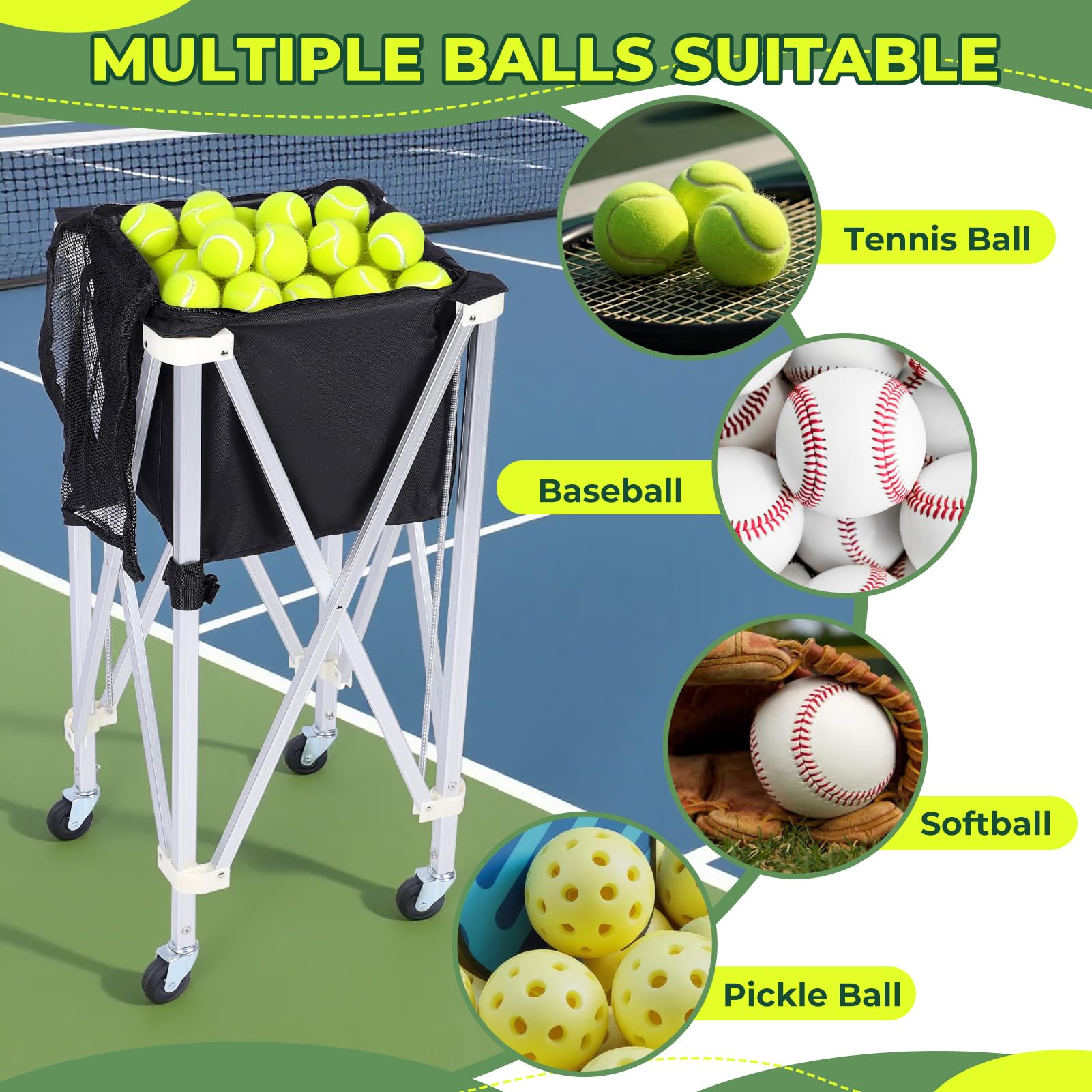 Pelotas de tenis portátiles Hopper, Carro de tenis con ruedas, plegable, gran capacidad, cesta de pelotas de tenis, 170 bolas para entrenamiento