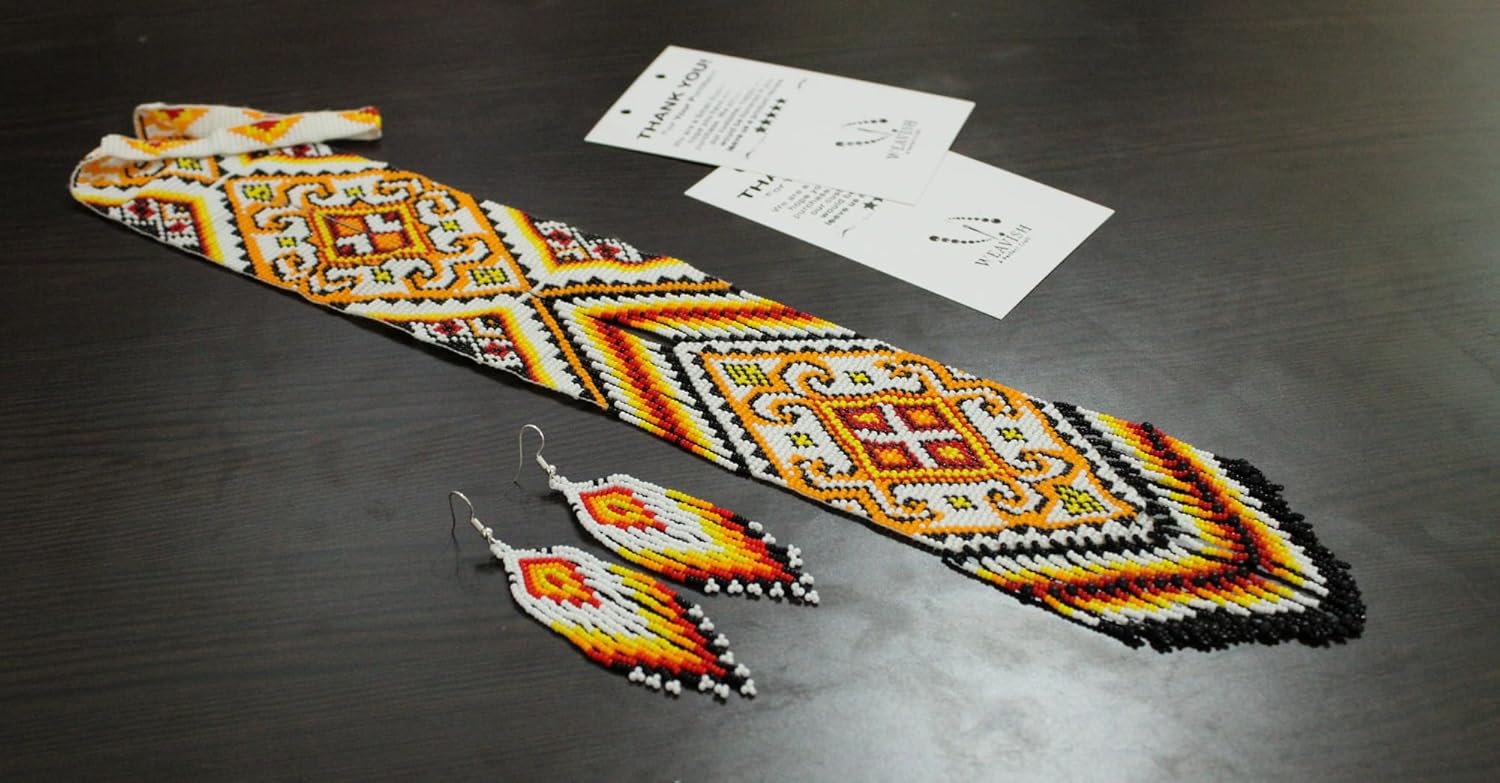 Native American Style beaded necklace for women Boho Statement Designer Jewelry Handmade Seed bead Long with earrings (#2)