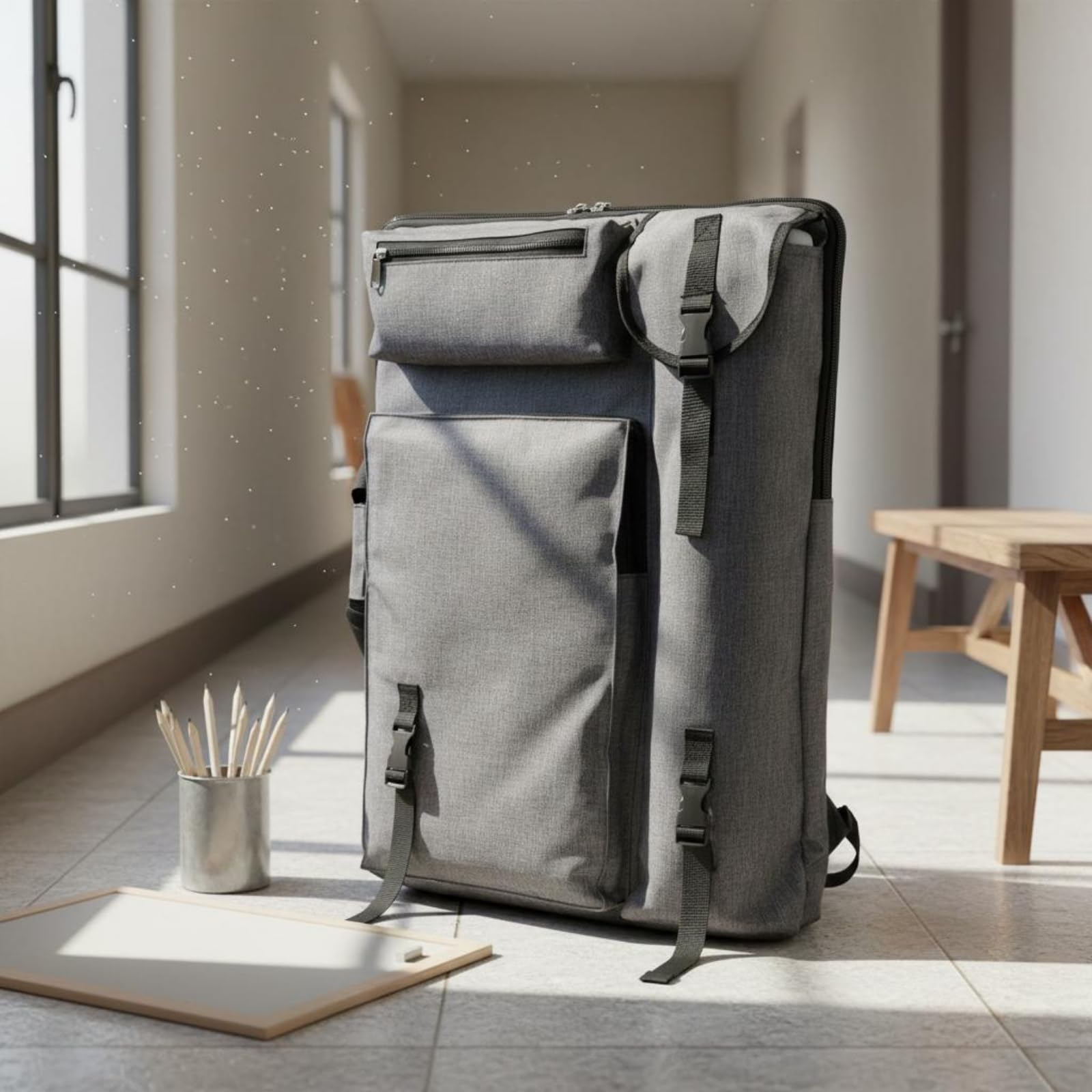 Gralara Canvas Zeichentasche Leinwandstoff Maltasche mit Fächern Stabil Maltasche für zum Zeichnen, Grau, A-Modell Grau