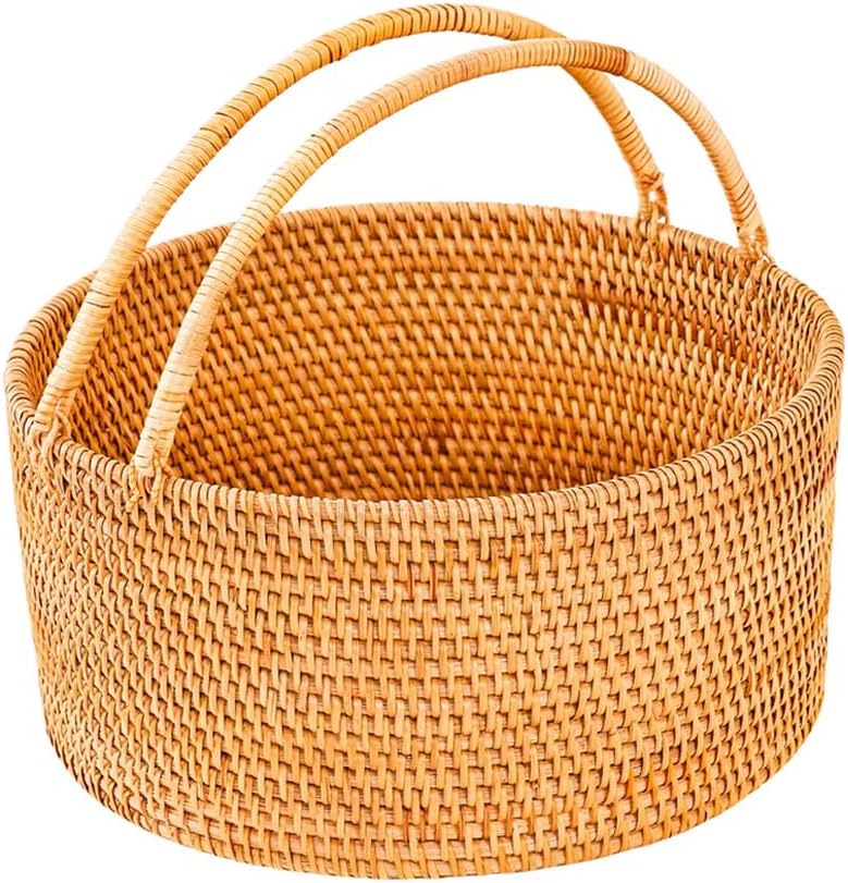 Handwoven Rattan Picnic Basket, 13"×13"×5.1" Rustic Storage