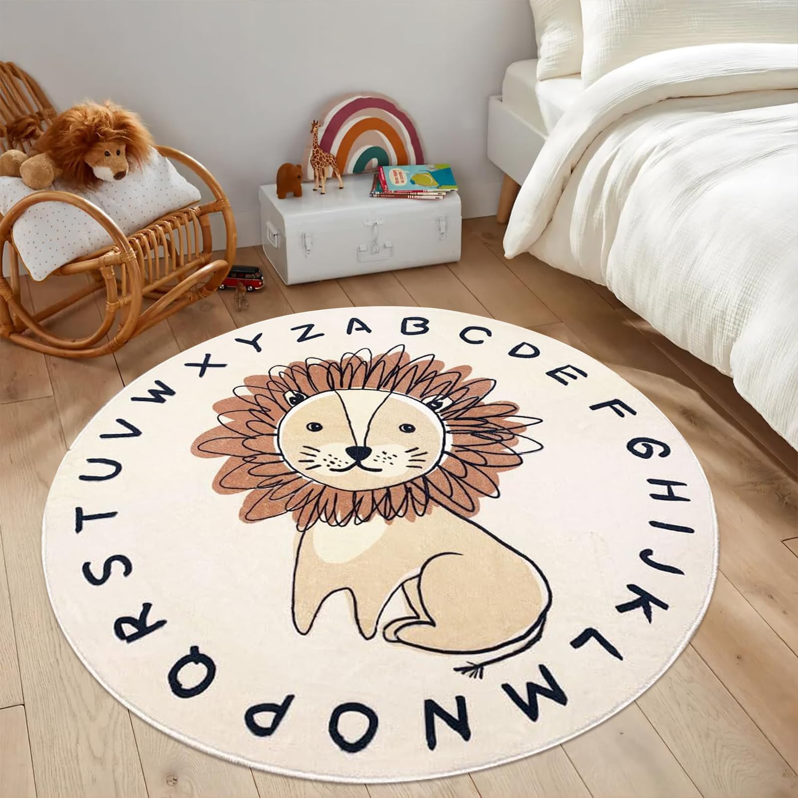 USTIDE Lion Kids Rug 4Ft, Super Soft Round Play Mat Lion Rug Alphabet Learning Carpet Large Cartoon Area Rug for Nursery Bedroom Playroom