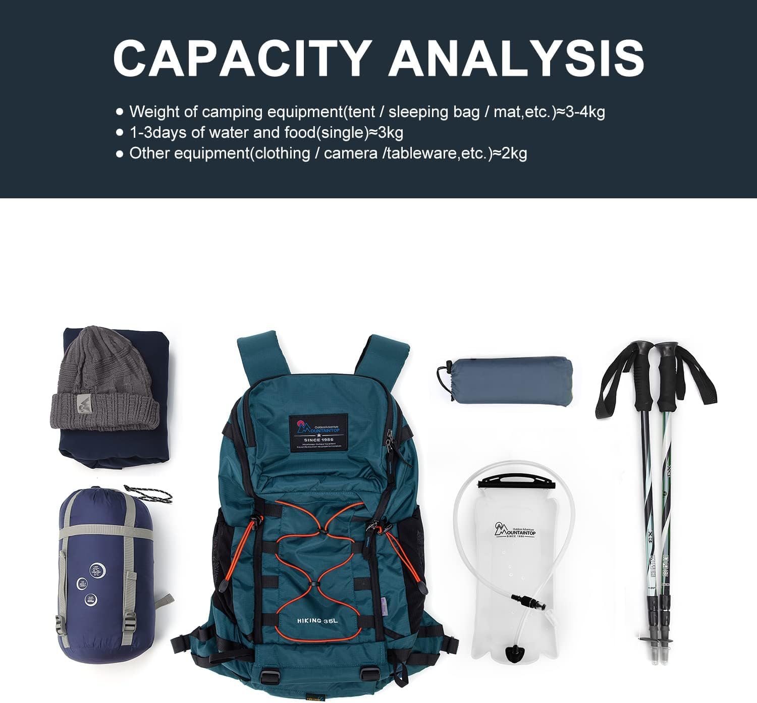 MOUNTAINTOP Mochila Trekking 35L Hombre Mujer Impermeable Viaje | Ideal para montaña senderismo y viajes, funda de lluvia incluida, cremalleras YKK, espalda ventilada cinturón acolchado