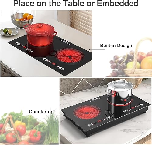 Miniatura 6 de VBGK Cocina eléctrica, 110 V, 24 pulgadas, 2 quemadores, estufa integrada y encimera, estufa de 2200 W, 9 niveles de potencia, bloqueo y