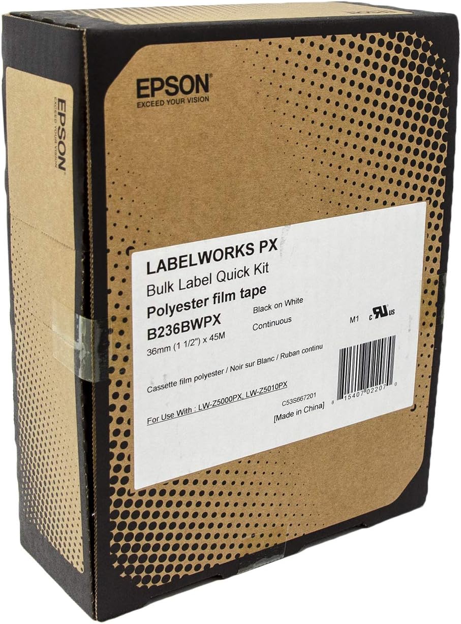 Epson LABELWORKS B236BWPX Genuine Bulk Continuous PET (Polyester) Tape - Black on White Standard Industrial Label Maker Tape - 1.5" (36MM) Wide, 147.6 ft