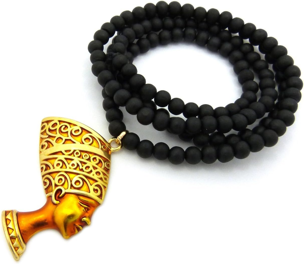 Fashion 21 Egyptian Queen Nefertiti Pendant 6mm 30 inches Wooden Bead Necklace Gold Tone 2 Colors Available