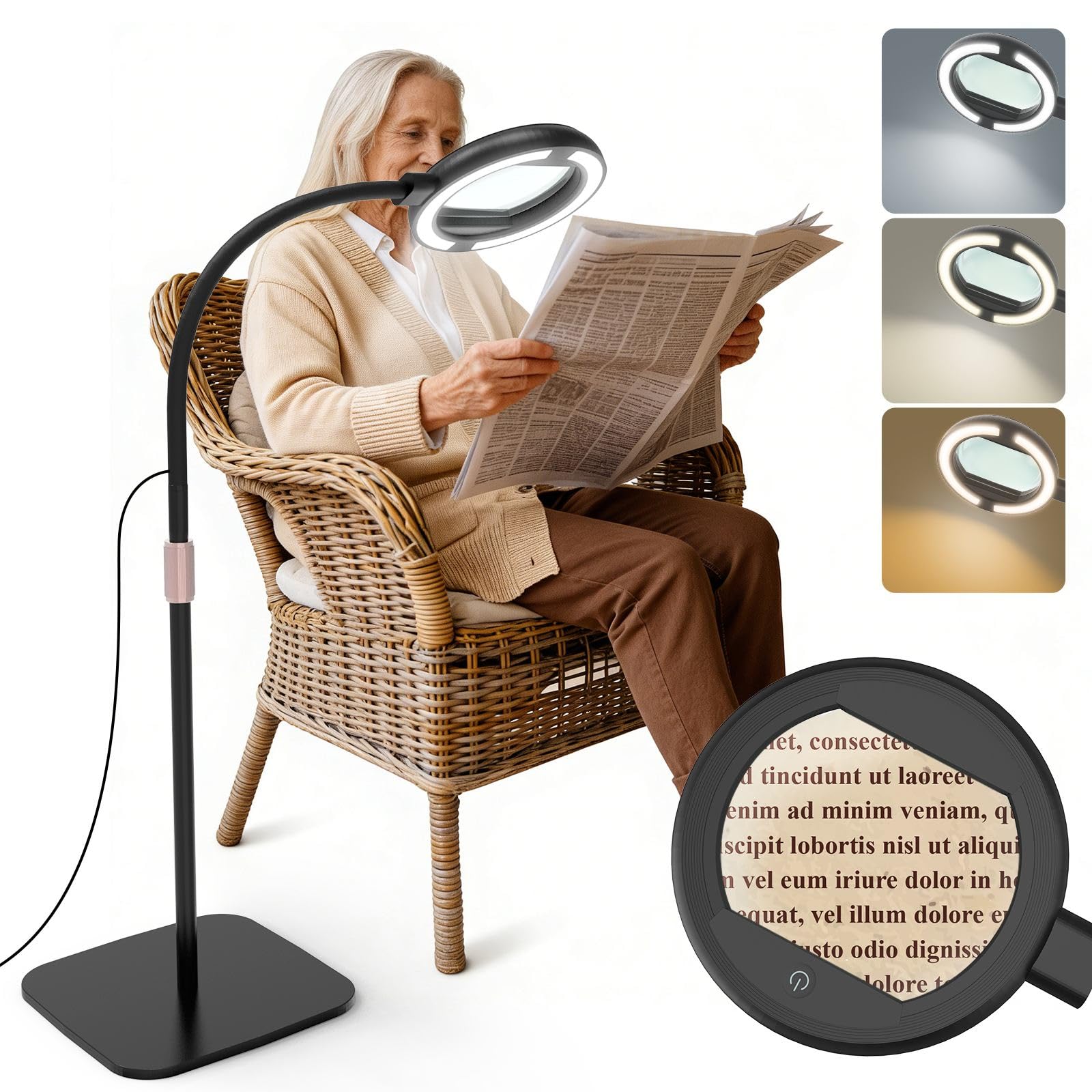 Lupa do czytania ze światłem LED 56 diod, lampa stojąca ściemniana 3 tryby, 2 w 1