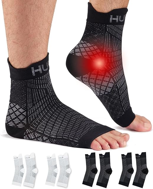 HUEGLO 4 Pairs Plantar Fasciitis Socks Neuropathy Neuro Socks Compression Socks for Women Men Ankle Support Brace for Weak Sprained Ankle Pain Relief Anti-Slip Foot Support Brace (2Black+2White, XL)