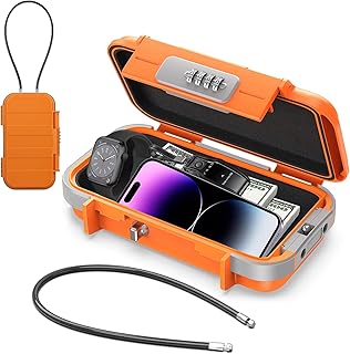 Diyife Lock Tresor Wasserdicht, 4 Stellig Zahlencode Tragbarer Sicherheitsbox mit 6MM Dicker Abnehmbarem Drahtseil, Sichert Wertsachen auf Reisen, am Strand, beim Camping, im Büro, Autos - Orange