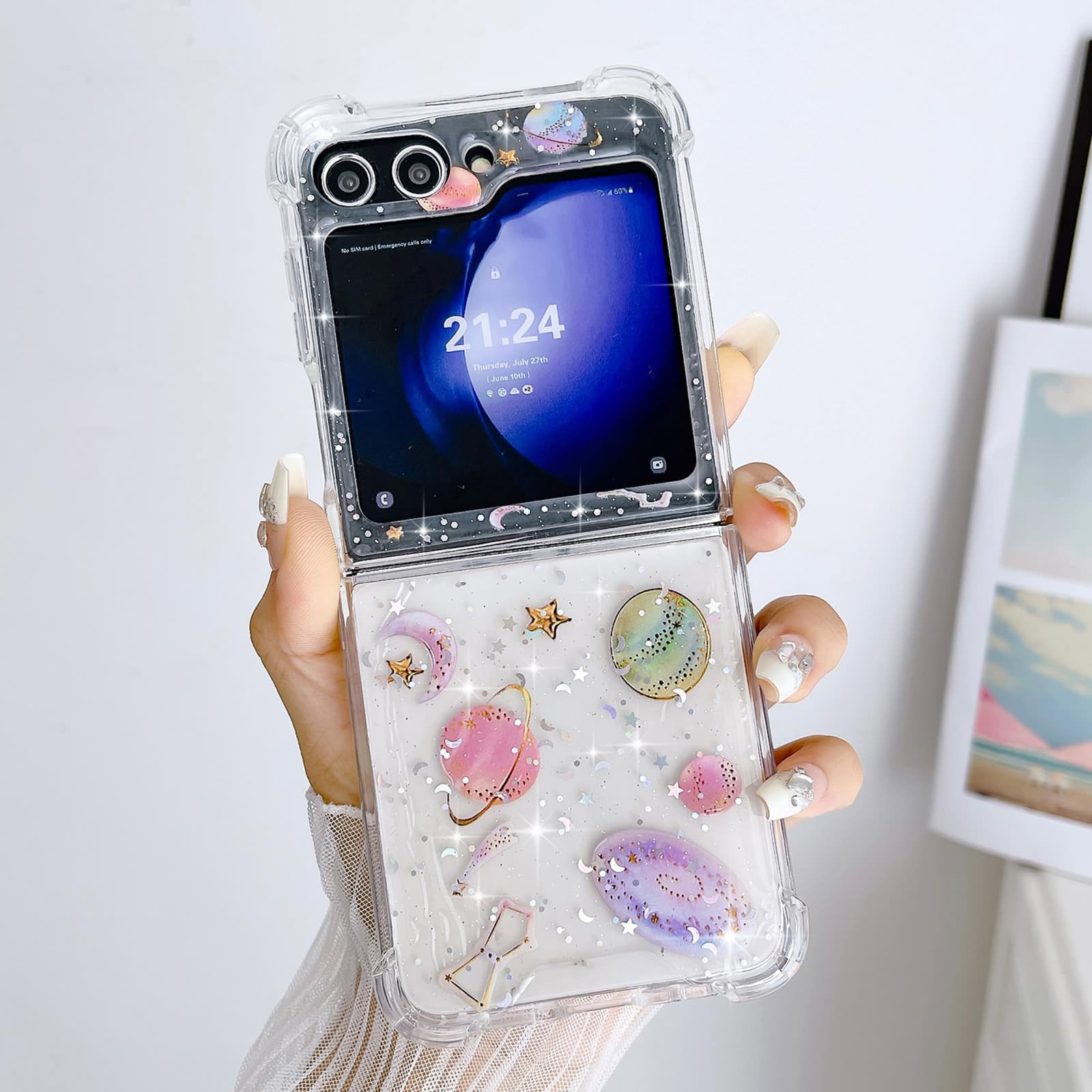 LCHULLE for Samsung Galaxy Z Flip 6 5G Case,Girls Women Glitter Bling Bumper Shockproof Phone Case,Cute Sparkly Moon Star Planet Pattern Cover for Samsung Flip 6 5G(2024)-Clear