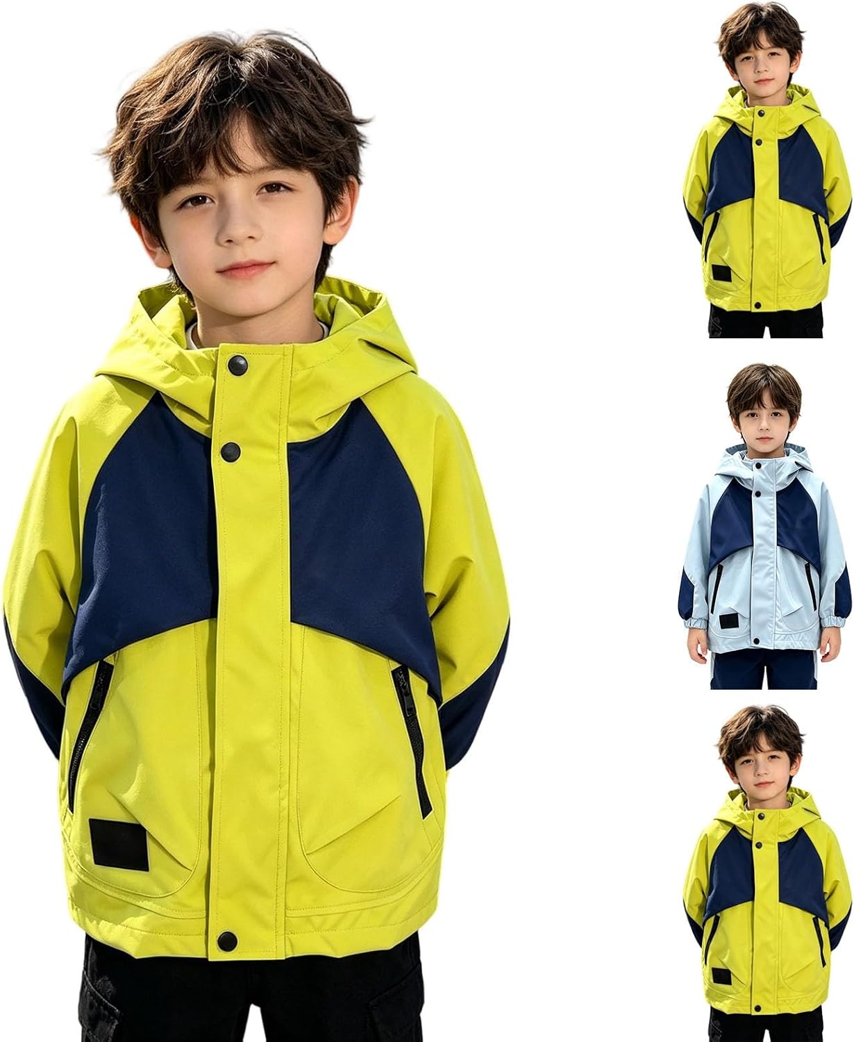 Boys Lightweight Hooded Windbreaker Jacket Kids Block Color Zipper Waterproof Raincoat Outdoor Hiking Packable Coat