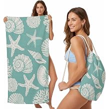 Summer Ocean Starfish Shell Beach Towel Bag 2 in 1,Convertible Towel&Backpack Marine Creature on Green Microfiber Beach Blanket with Drawstring Bag for Travel Pool Swim Camping Picnic,31"x63"