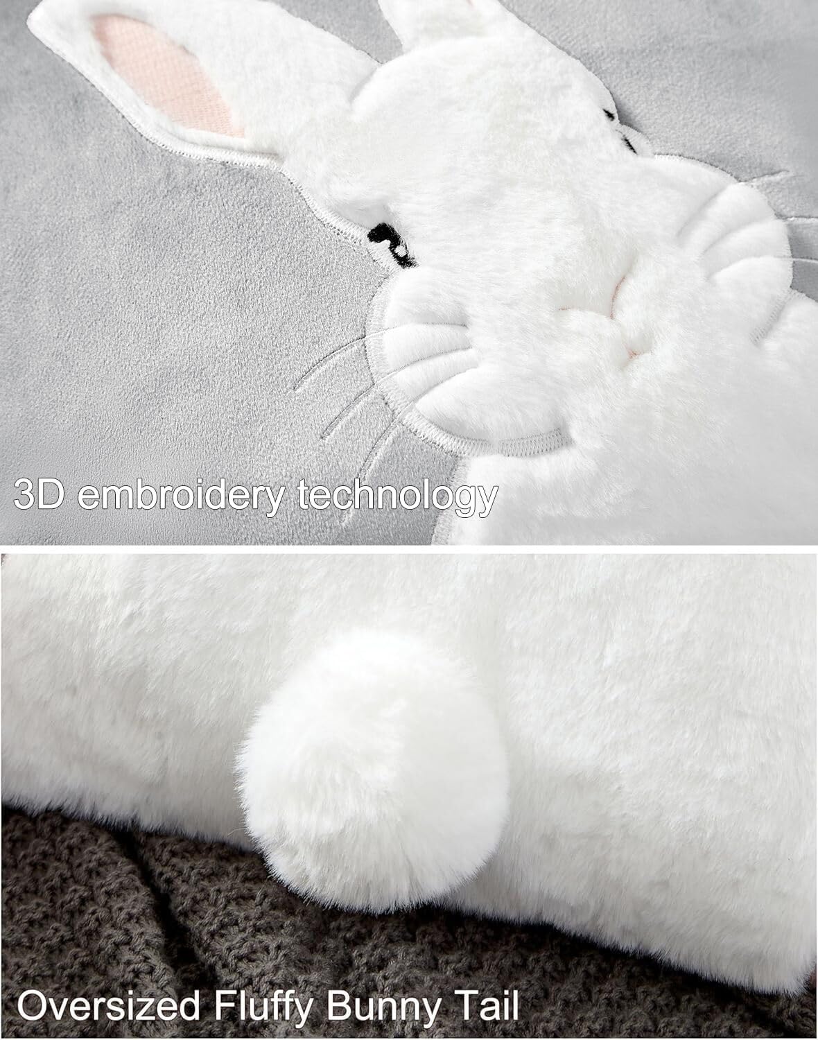 Pack of 2 Spring Easter Pillow Covers 18x18 Inch,3D Embroidered Bunny Rabbit Pillowcase Throw Covers Velvet Easter Decorative Cushion Cover (Light Gray -2PCS)