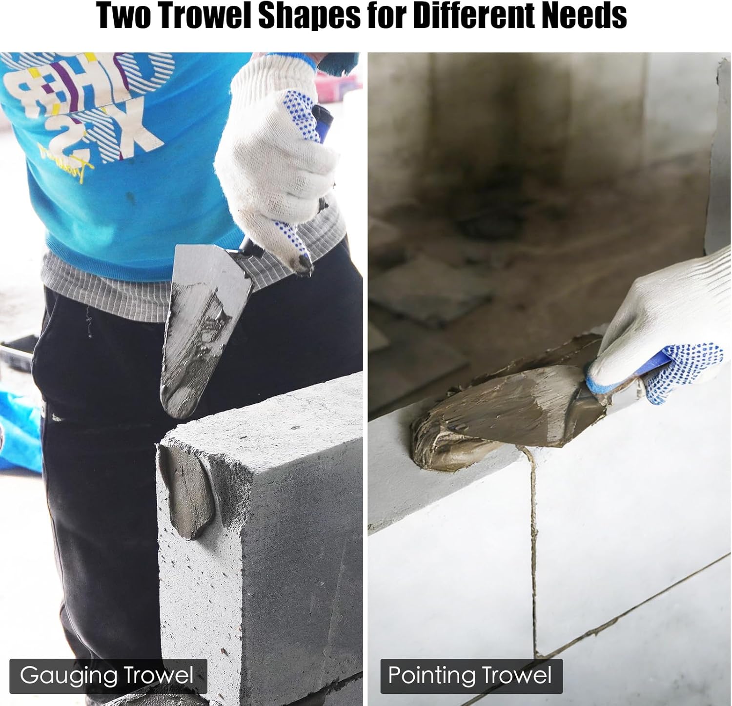 6PCS Masonry Hand Tools Set, 11"x5-1/2" Philadelphia Brick Trowel, 5.9"x3.4" Gauging trowel, 5-1/2"x2-7/8" Pointing Trowel, 10"x 5/8" Convex Brick Jointer, Tuck Pointing Trowel, Masonry Brush