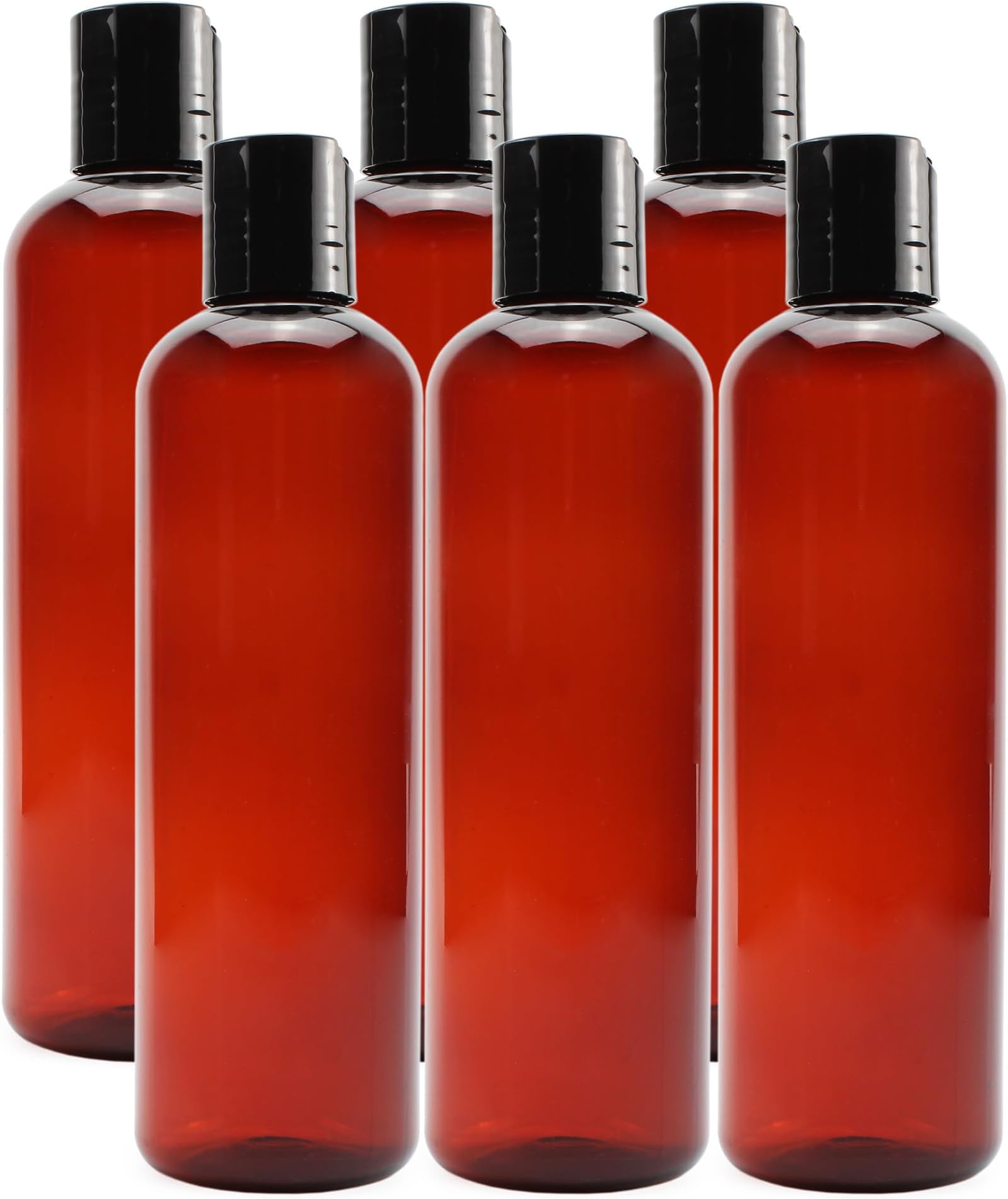 Cornucopia Brands 8oz Plastic Bottles w/Disc Top Flip Cap (6-Pack); BPA-Free Containers For Shampoo, Lotions, Liquid Body Soap, Creams (8 ounce, Amber Brown)
