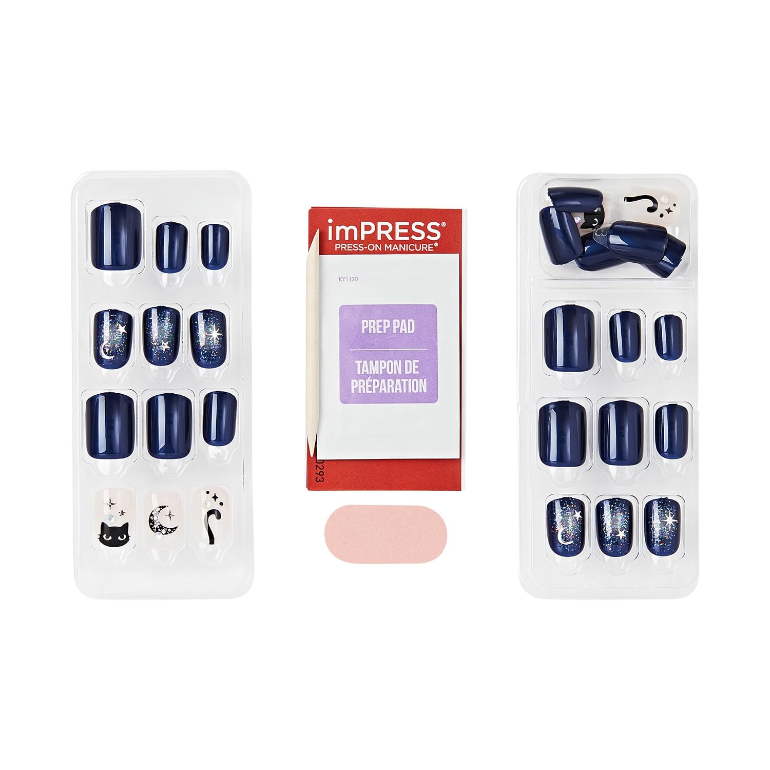 Kiss Impress No Glue Mani Press On Nails, Design, 'Fright Club', Blue, Short Size, Squoval Shape, Includes 30 Nails, Prep Pad, 1 Manicure Stick, 1 Mini File