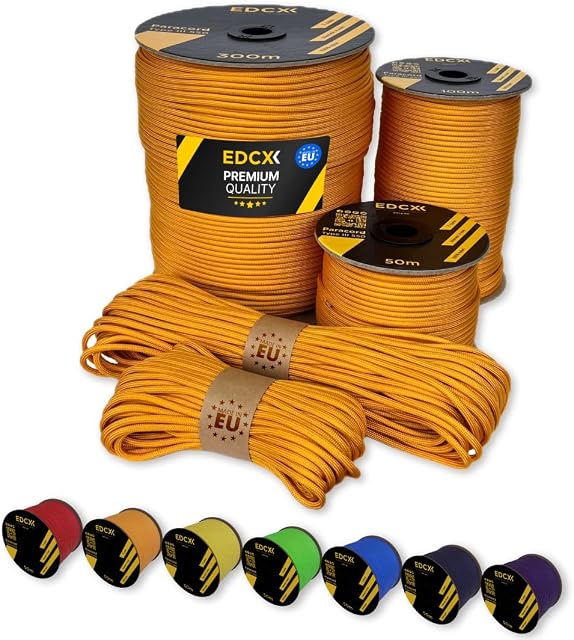 EdcX Paracord 4mm, 35+ Solid Colors (15m, 30m, 50m, 100m, 300m) | Ideal for Crafting, DIY, Camping, Survival, Outdoor | 100% Nylon Rope 4mm | Tactical Cord 550 Type III (Orange Yellow, 100 m)