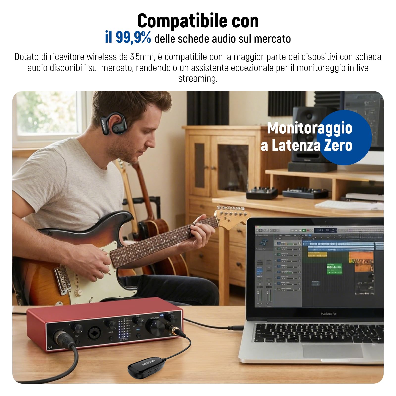NEEWER EB01 Auricolari OWS Dongle Wireless 2.4G con Monitoraggio in Tempo Reale a Latenza Zero Antirumore Traccia Mono Portata 30m 24H per Jack Monitor TRS 3.5mm/Mic Lav Wireless/TV/Telefono/Laptop/PC