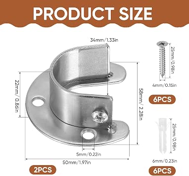 2 Pcs 32 mm Stainless Steel Wardrobe Rail Brackets, U-Shaped Sockets