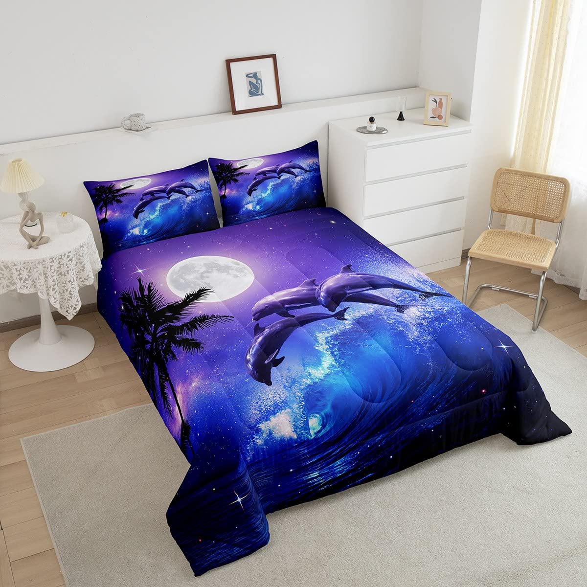 Delfin-Bettwäsche-Set Queen Size – Ozean-Design, Mikrofaser, Inkl. Spannbetttuch & Kissenbezüge