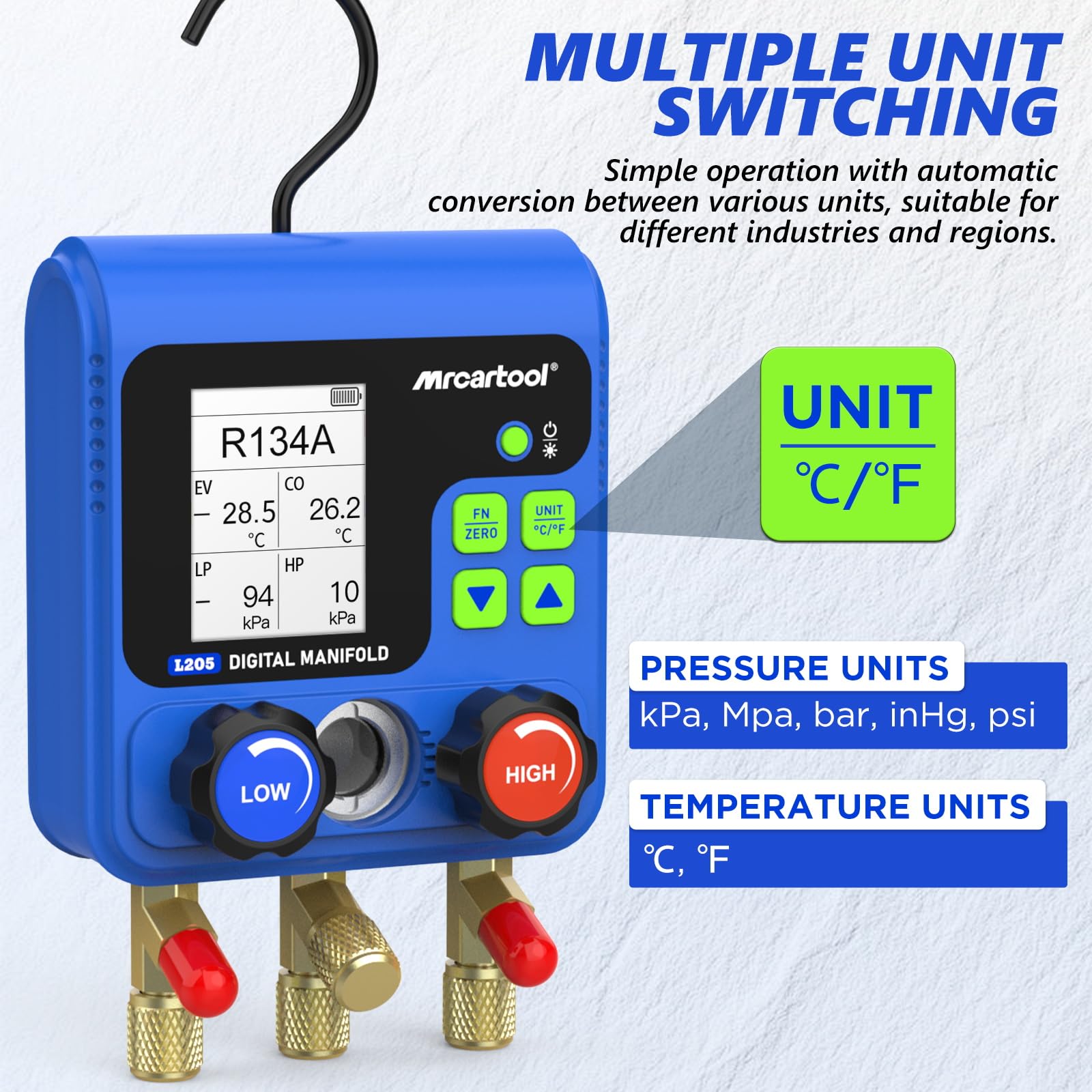 MRCARTOOL L205 cyfrowy dozownik klimatyzacji z wyświetlaczem 92 czynników chłodniczych HVAC R134A R32 R410A, R11, R12, R422, R600