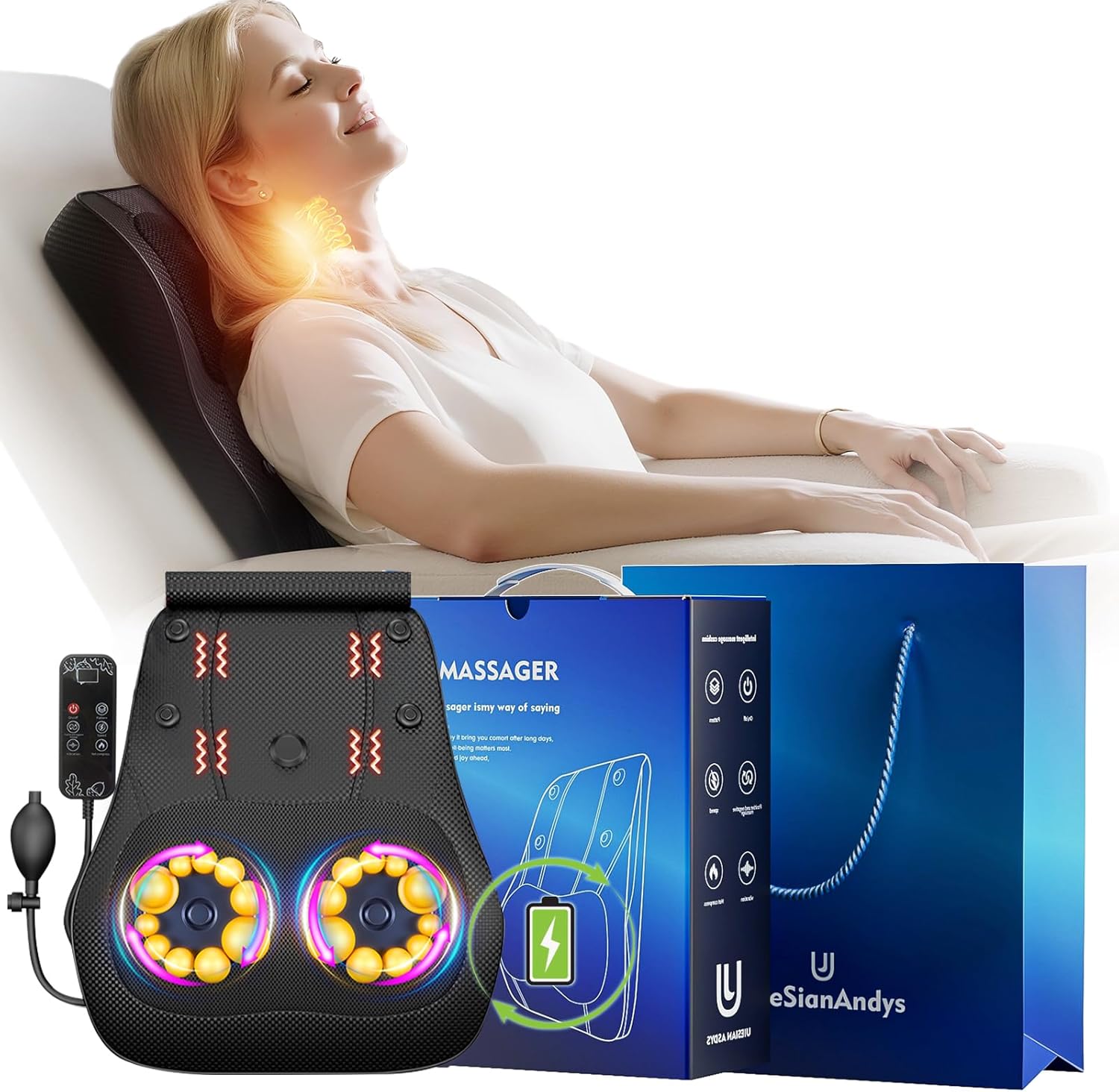 Back Massager with Heat, 3D Kneading Massage Pillow for Neck Back Shoulder Leg, Cordless & Portable for Home Office, Use on Couch or Bed, Ideal Muscle Relaxation Gift,holiday gift,christmas gifts