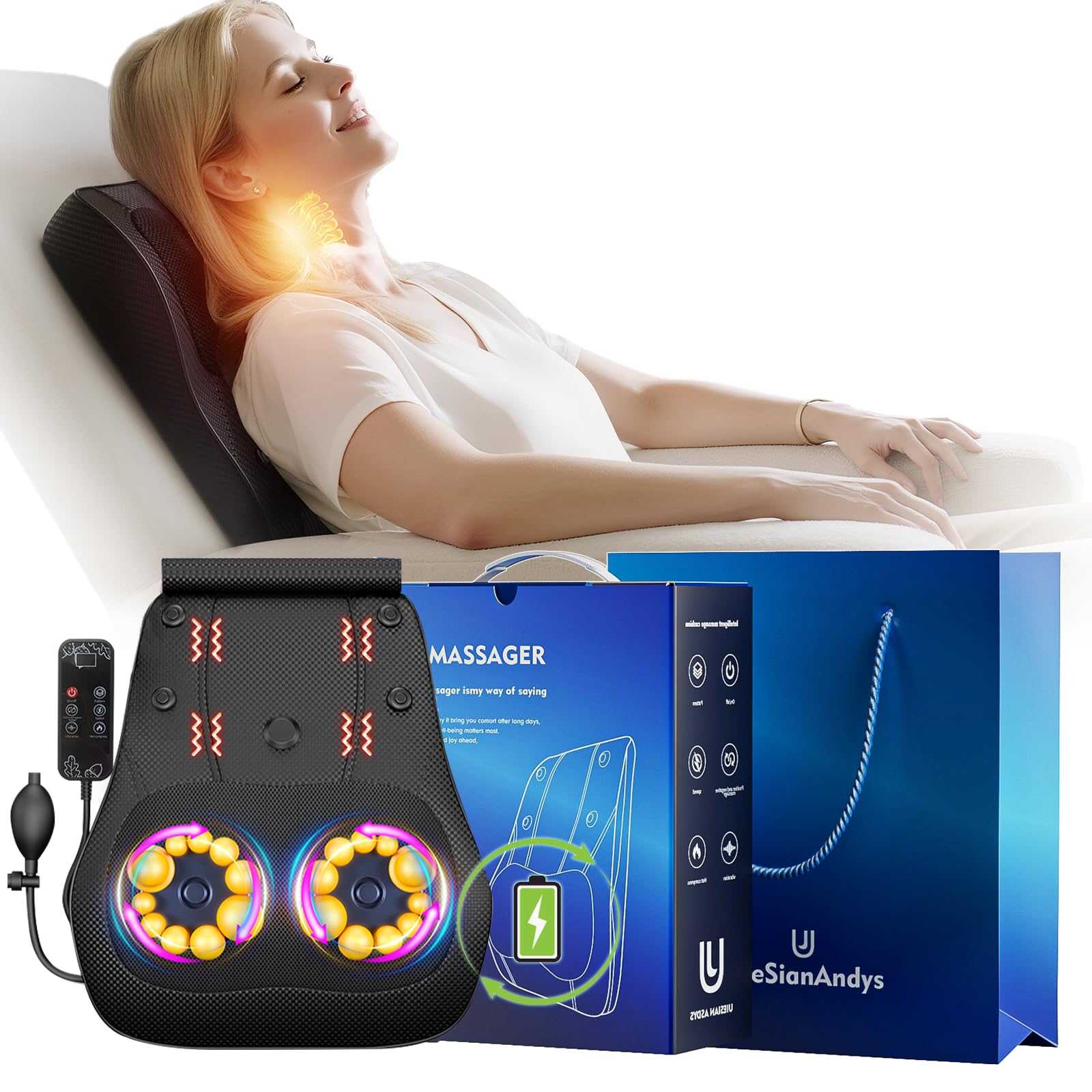 Back Massager with Heat, 4D Kneading Electric Massager for Neck Back Shoulder Leg Pain Relief, Cordless Portable Rechargeable for Home Office Car Use on Couch Bed, Valentine‘s Day Gift for Men Women