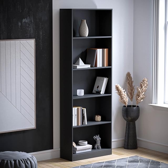 Vida Designs Cambridge 5 Tier Extra Large Bookcase, Black Wooden Shelving Display Storage Unit Office Living Room Furniture