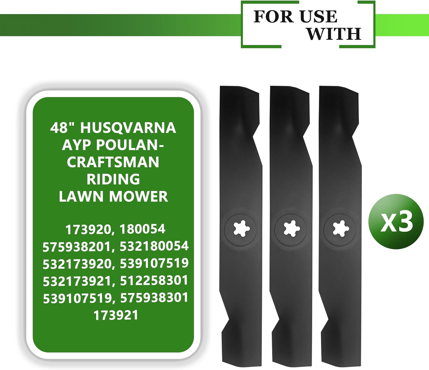 3 Pack Lawn Mower Blades 48 Inch Compatible with Husqvarna YTH24V48 YTH2348 YTH24K48 YTA24V48 Craftsman Poulan High Lift Mulching Blades Replaces 173920, 180054, 532180554, 575938201, 532173920