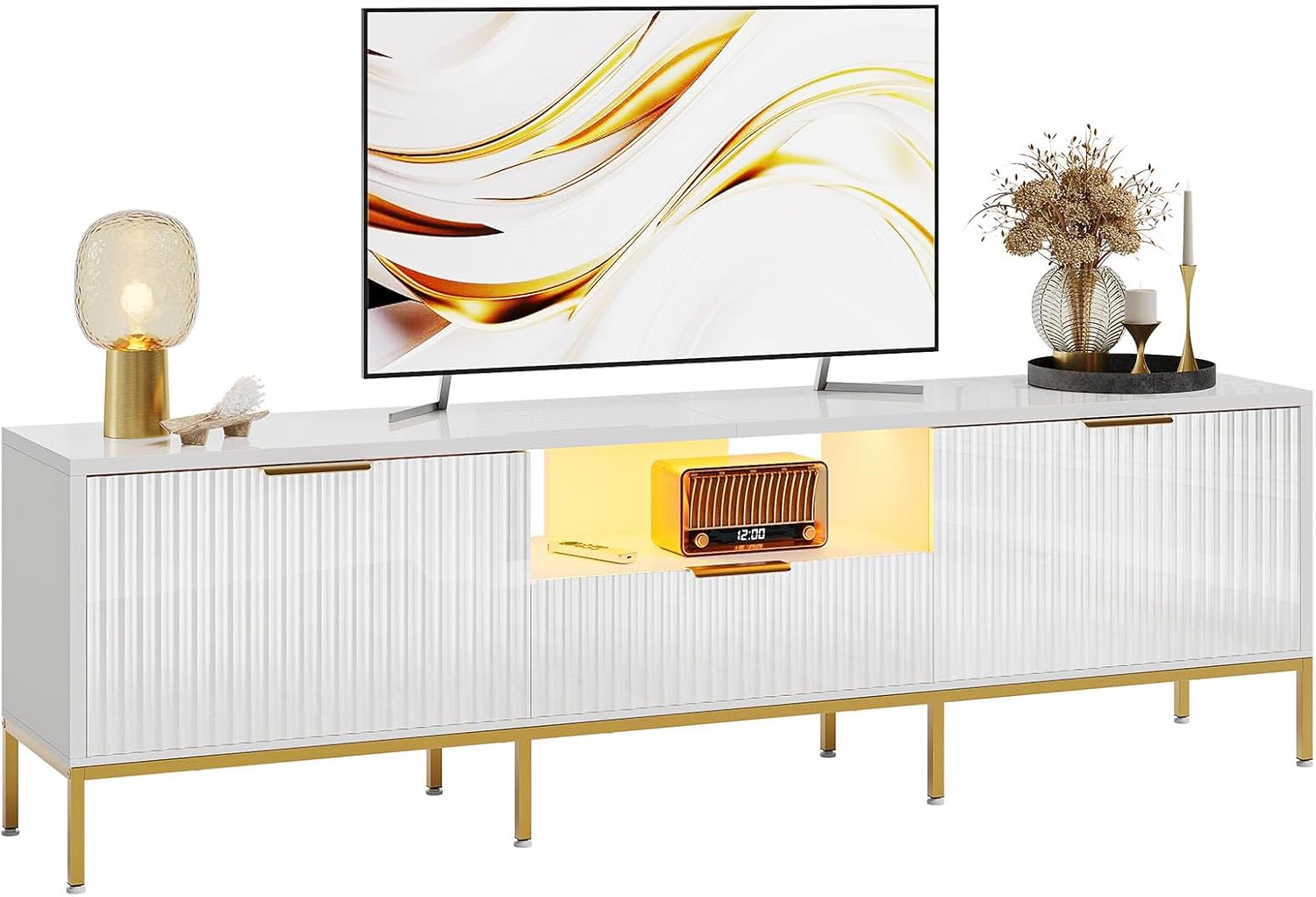 Bestier 70” Fluted TV Stand for 80 inch TV, High Gloss Entertainment Center with LED Lights, Modern Media Console with Storage, TV Console for Living Room Bedroom, White