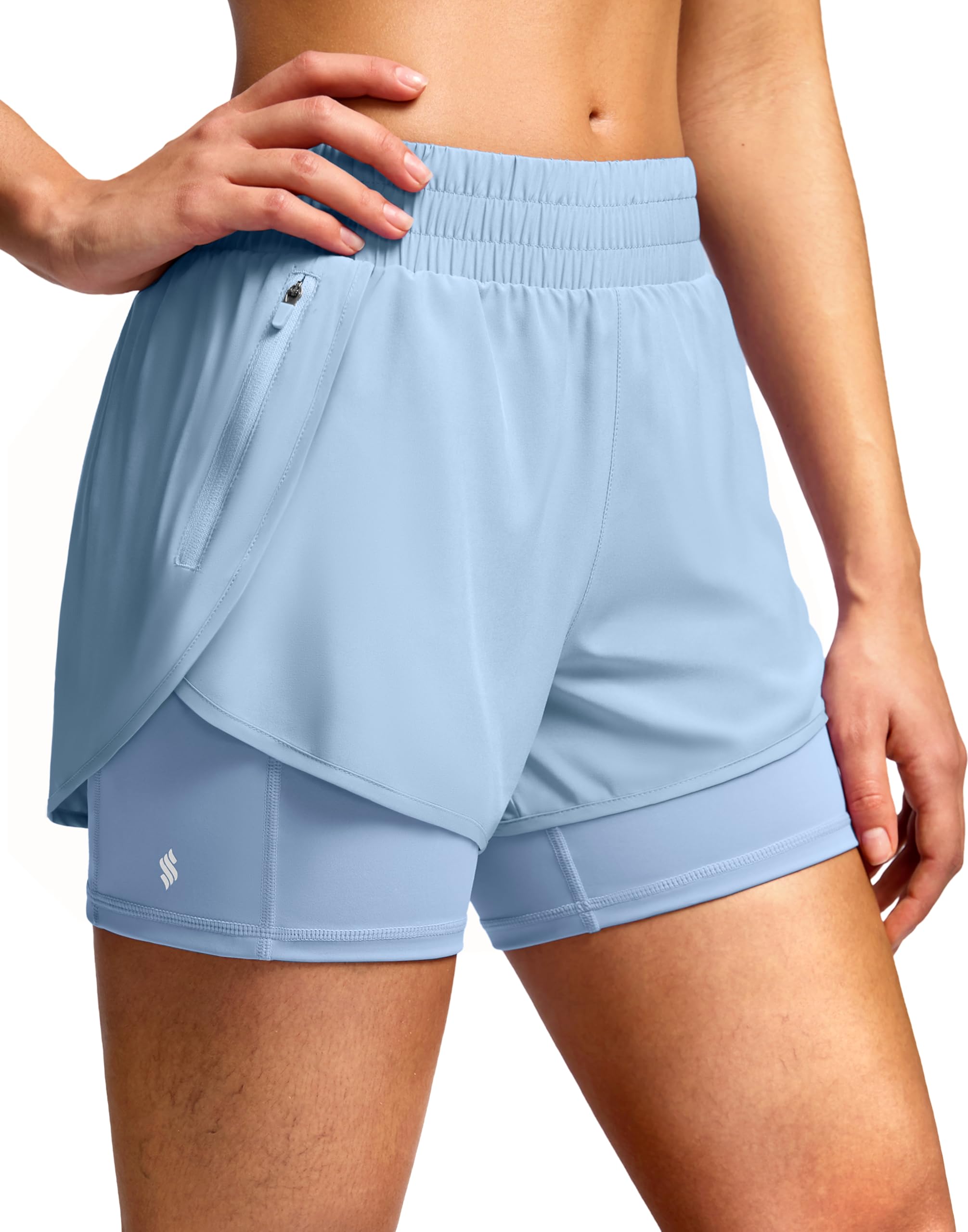 Soothfeel Women's 2 in 1 Athletic Running Shorts with Liner Zipper Pocket 5" High Waisted Gym Workout Tennis Shorts for Women